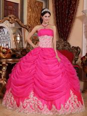 Appliqued Bottom Skirt Hot Pink Quinceanera Party Gown