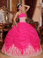 Appliqued Bottom Skirt Hot Pink Quinceanera Party Gown