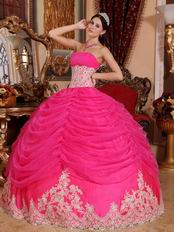 Appliqued Bottom Skirt Hot Pink Quinceanera Party Gown