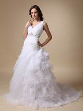 V-neck Ruffles Skirt Elegant White Organza Bride Wear First Half Year