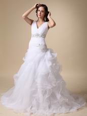 V-neck Ruffles Skirt Elegant White Organza Bride Wear First Half Year