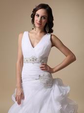 V-neck Ruffles Skirt Elegant White Organza Bride Wear First Half Year