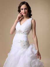 V-neck Ruffles Skirt Elegant White Organza Bride Wear First Half Year