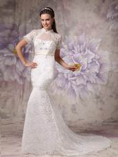 Mermaid High Neck Short Sleeves Lace Wedding Dress Petite