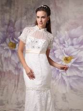 Mermaid High Neck Short Sleeves Lace Wedding Dress Petite