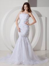 Appliqued Spaghetti Straps Mermaid Outdoor White Wedding Dress