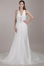 Ivory Chiffon Wedding Dress With Halter V Neckline Design