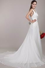 Ivory Chiffon Wedding Dress With Halter V Neckline Design