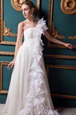 Popular One Shoulder Cascade Ruffle Ivory Wedding Bridal Dress