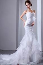 Beautiful Feather Flower Mermaid White Organza Wedding Dress