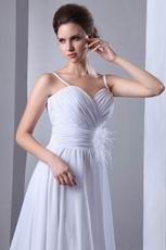 Spaghetti Straps Ruched Feather White Chiffon Casual Wedding Dress