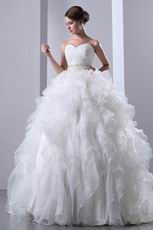 Luxurious Beaded Ruffles Cascade Cathedral Puffy Wedding Gowns