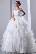 Luxurious Beaded Ruffles Cascade Cathedral Puffy Wedding Gowns