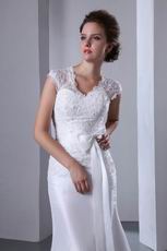 Lace Bodice Column High Low Skirt Wedding Dress By White Taffeta