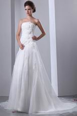 Side Handcrafted Flowers White Organza Church Wedding Gown