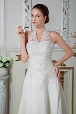 Modest Halter Chapel Train Ivory Wedding Dress With Appliques