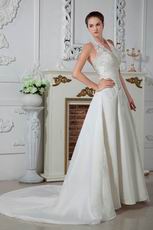 Modest Halter Chapel Train Ivory Wedding Dress With Appliques