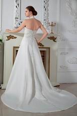 Modest Halter Chapel Train Ivory Wedding Dress With Appliques