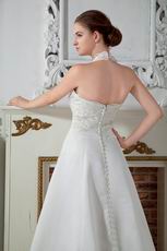 Modest Halter Chapel Train Ivory Wedding Dress With Appliques