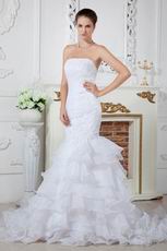 Affordable Strapless Mermaid Ruffle Layers Chapel Bridal Dress