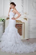 Affordable Strapless Mermaid Ruffle Layers Chapel Bridal Dress