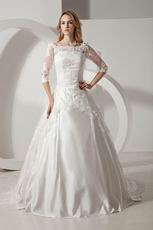 Hot Sell Off Shoulder 3/4 Long Lace Sleeves Church Bride Wedding Dress