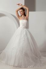 Cheap Strapless Appliques Crystal Cathedral Ivory Bridal Dress