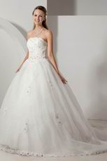 Cheap Strapless Appliques Crystal Cathedral Ivory Bridal Dress