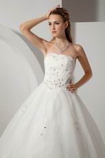 Cheap Strapless Appliques Crystal Cathedral Ivory Bridal Dress