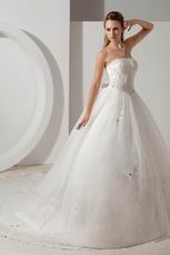 Cheap Strapless Appliques Crystal Cathedral Ivory Bridal Dress