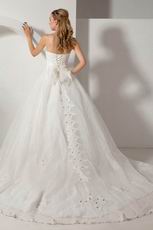 Cheap Strapless Appliques Crystal Cathedral Ivory Bridal Dress