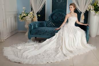 Remarkable Strapless Cathedral Train Designer Wedding Dress