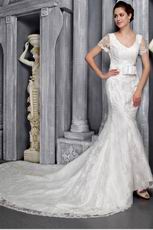 Sheath V-neck Chapel Beautiful Lace Wedding Dress With Sashes