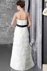 Strapless Cascade Layers Organza Skirt Bridal Dress With Black Belt