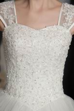 Elegant Princess Square Neck Chapel Organza Appliqued Bridal Gown