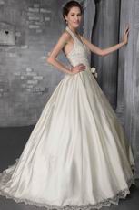 Fashionable Halter V Neck Western Wedding Dress With Lace