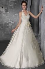 Fashionable Halter V Neck Western Wedding Dress With Lace