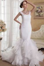 White Mermaid Double Straps Ruffles Bridal Gown For Bride