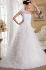 White A-line One Shoulder Ruffled Wedding Dress With Chapel Train