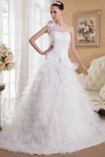 White A-line One Shoulder Ruffled Wedding Dress With Chapel Train