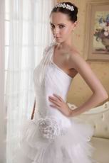 White A-line One Shoulder Ruffled Wedding Dress With Chapel Train