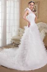 White A-line One Shoulder Ruffled Wedding Dress With Chapel Train