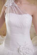 White A-line One Shoulder Ruffled Wedding Dress With Chapel Train