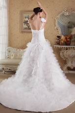 White A-line One Shoulder Ruffled Wedding Dress With Chapel Train