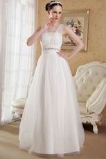 White A-Line V-neck Brush Train Wedding Dress With Lace Up Back