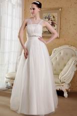 White A-Line V-neck Brush Train Wedding Dress With Lace Up Back