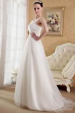 White A-Line V-neck Brush Train Wedding Dress With Lace Up Back