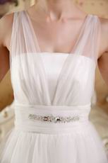 White A-Line V-neck Brush Train Wedding Dress With Lace Up Back