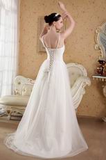White A-Line V-neck Brush Train Wedding Dress With Lace Up Back
