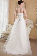 White A-Line V-neck Brush Train Wedding Dress With Lace Up Back